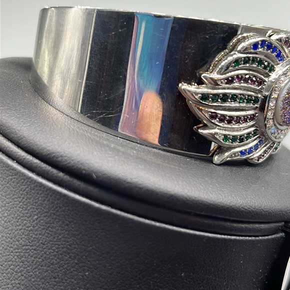 Vintage Large stainless steel rhinestone peacock feather cuff bracelet - Picture 6 of 13